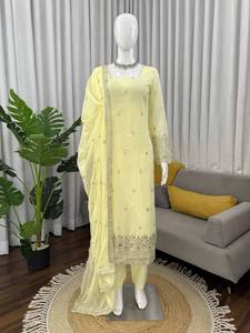 Conjunto de Salwar Kameez de Microalgodón de Secado Rápido con Bordado Amarillo de NiMa Creations, Traje Tradicional Indio Pakistaní para Mujer - Product Image 4