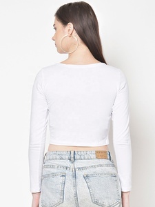 Camiseta de manga larga para mujer, top corto de entrenamiento con Etiqueta Privada, color sólido, básica, ajustada - Product Image 3