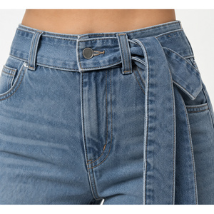 Jean en denim pour femme à taille mi-haute et jambe large avec ceinture détachable - Bleu ardoise XL Délavage moyen - Product Image 4