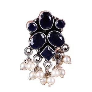 Antique Oxidized <b>Silver</b> Green Stone Drop <b>Earrings</b> with <b>Pearl</b> Hanging Wholesale Bulk | Ethnic Designer Jewelry Manufacturer - Product Image 2
