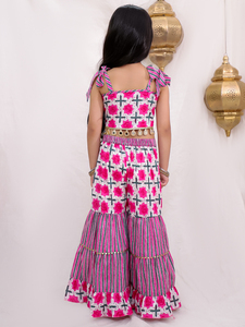 Cotton Woven Mesh Sleeveless Floral Printed Top & Sharara Set Outdoor Wear - Product Image 2