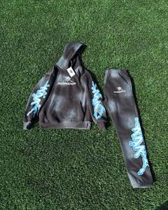 Conjunto Deportivo Personalizado con Logotipo para Hombre, 100% Algodón, Sudadera con Capucha y Pantalones Deportivos con Efecto Desgastado por el Sol, Estampado de Rayo, Unisex, Grueso - Product Image 4