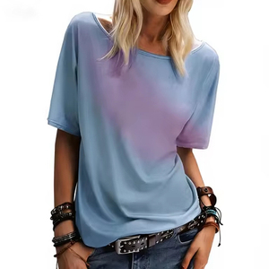 Camiseta de Verano para Mujer, Cuello Redondo, Manga Corta, Estampado Tie Dye Degradado, Ropa Casual de Algodón para Primavera/Verano - Product Image 1