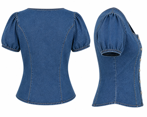 Robe courte en jean bleu à manches bouffantes, col carré, boutonnée devant, coupe trapèze, décontractée, pour femme, été - Product Image 3