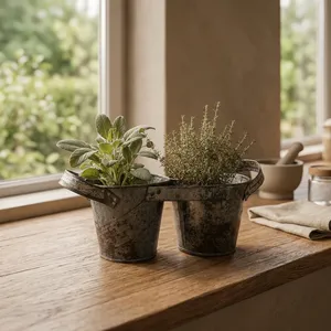 Pot de fleurs double en métal rustique vintage avec poignées, décoration de jardin de style farmhouse pour la maison, le salon, la table - Product Image 6
