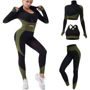 Black Green Color Blocking Yoga Set High Waist Leggings Crisscross Sports Bra Zipper Front Seamless Activewear 2 Piece - Product Image 1