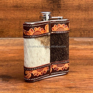 Flasque moderne en étain 6oz en acier inoxydable avec pochette en cuir artisanal, housse en cuir de vachette pour vodka et whisky - Product Image 3