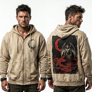 Sudadera con capucha de peso pesado para hombre, con lavado arena, muy desgastada y rasgada, estilo streetwear, con gráfico de vampiro y desierto, oversize, vintage - Product Image 1