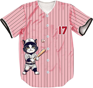 Funny Cute Cartoon <b>Cat</b> Baseball Jersey Pink Pinstripe Mesh Polyester Fabric Moisture Wicking Performance - Product Image 1