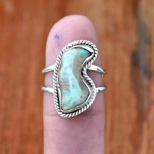 Handmade Raw <b>Opal</b> Double Band <b>Ring</b> 925 Sterling <b>Silver</b> Boho Filigree Statement Jewelry for Women - Product Image 3