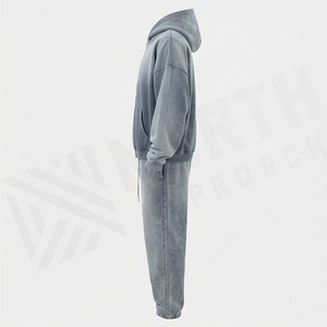 <b>Acid</b> Washed Stonewashed Oversized <b>Drop</b> Shoulder Stylish Tracksuit Sweatshirts Front Logo Hoodie Men's Workout Gear - Product Image 3