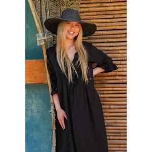 Vestido maxi bohemio negro para mujer, corte holgado, cuello en V, manga corta, informal, para vacaciones en la playa - Product Image 3