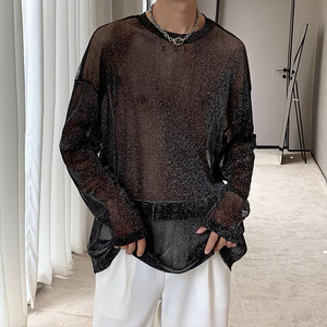 T-shirt ample en maille transparente à motif personnalisé pour homme, coupe carrée, manches longues, col ras du cou, style streetwear transparent pour les soirées et les fêtes - Product Image 5