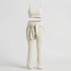 Women Beige Ribbed 2 Piece <b>Set</b> <b>Square</b> Neck Cami Crop Top High Waist Flared Leggings - Product Image 1