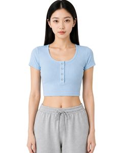 เสื้อครอปแขนสั้นทรงเข้ารูปสีฟ้าอ่อนสำหรับผู้หญิง ผ้าคอตตอนผสมสแปนเด็กซ์ ยืดได้ สวมใส่สบาย เหมาะสำหรับฤดูร้อน มีกระดุม - Product Image 1