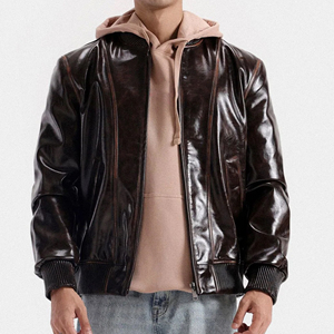 <b>Men's</b> Dark <b>Brown</b> PU <b>Leather</b> Bomber <b>Jacket</b> Glossy Finish Ribbed Trim Casual Streetwear Winter Outerwear Solid <b>Leather</b> <b>Jackets</b> - Product Image 1