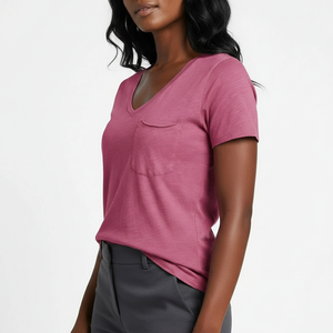 Women's V-Neck Pocket Tee Short Sleeve <b>Light</b> Cotton Soft Fabric Chest Patch Pocket Custom OEM Wholesale Supplier - Product Image 3