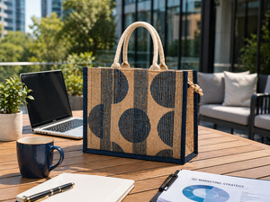 Sac fourre-tout en jute imprimé géométrique avec fermeture éclair, écologique, cadeau d'entreprise, sac de shopping réutilisable, logo personnalisé - Product Image 5