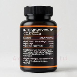Cápsulas de Cúrcuma con Pimienta Negra y Jengibre, Marca Privada OEM, Certificación GMP, Veganas, Bajas en Azúcar, 60/120 Unidades - Product Image 3