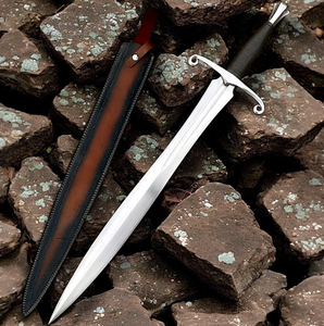 Hand Forged Elven Fantasy <b>Sword</b> With Curved Guard & Leather Sheath | Medieval Short <b>Sword</b> | Display <b>Sword</b> Gift for Boyfriend, - Product Image 1