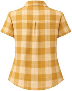 Mustard Yellow And Plaid Womens Short Sleeve Button Up Shirt Casual Summer Lightweight Breathable <b>Checkered</b> <b>Top</b> With Pocket - Product Image 2