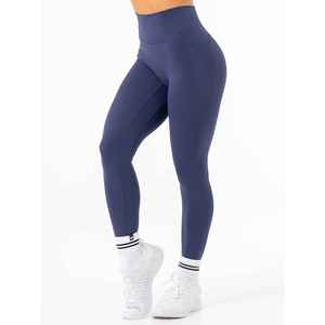 Leggings de sport pour femme, taille haute, longueur intégrale, bleu marine uni, sans couture, tricotés, extensibles et respirants - Product Image 5