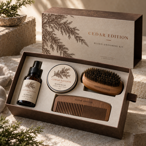 Kit de soin de la barbe en cèdre personnalisé avec boîte d'emballage à tiroir coulissant - Product Image 1