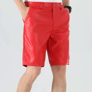 Men's Red PU Coated Bermuda Shorts Mid Waist Button Fly Casual Style Solid Color Woven Fabric - Product Image 3