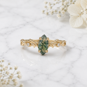 Juego de Anillos de Pareja de Ágata Musgosa Vintage, Inspirado en la Naturaleza, Anillos de Boda de Plata de Ley 925 Maciza, Juego de Anillos de Plata Fina Chapados en Oro - Product Image 2