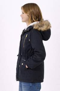 Parka à capuche marine pour filles, manteau d'hiver haut de gamme avec doublure en sherpa doux, capuche en fausse fourrure, taille ajustable avec cordon de serrage - Product Image 2