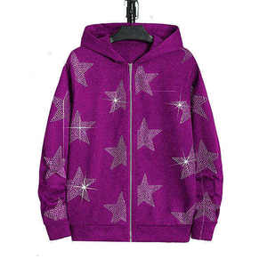 Sweat-shirt à capuche rouge avec fermeture éclair, imprimé étoiles en strass, coupe classique, unisexe, décontracté, veste en polaire respirante, vêtements d'automne - Product Image 6