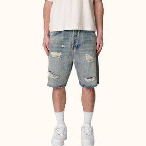 Nuevos Pantalones Cortos Vaqueros Retro de Corte Holgado para Hombre, con Agujeros y Bajo Deshilachado, Venta al por Mayor - Product Image 4