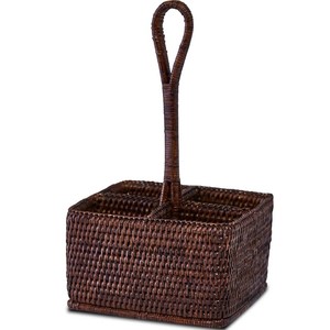 Panier à couverts artisanal en rotin foncé, 4 compartiments, avec poignée, pour la maison, l'hôtel, le restaurant, la décoration de table - Product Image 2