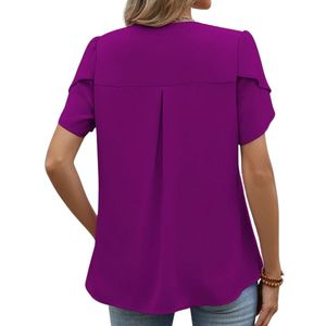 Camisas de Gasa para Mujer, Color Morado Sólido Vibrante, Pliegues Delanteros, Manga Corta, Estilo Fluido, Elegante, Formal, para Oficina o Trabajo - Product Image 2