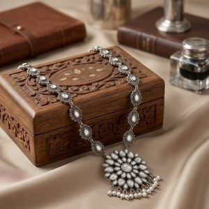 DIVYORO FLORAL MEDALLION OXIDIZED SILVER <b>NECKLACE</b> with PEARL DROPS BOHO CHIC <b>LONG</b> ADJUSTABLE for ANNIVERSARY - Product Image 2