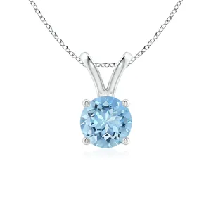 จี้ห้อยคอประดับพลอยประจำเดือนเกิด งานแฮนด์เมดคุณภาพสูง ทองคำแท้ 14K พลอยอะความารีนทรงกลมธรรมชาติ แบบ V-Bale ประดับเพชรเม็ดเดี่ยว 4 กรงเล็บ - Product Image 1