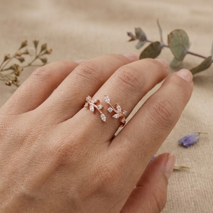Rose Gold Leaf Moissanite Open <b>Ring</b> Nature Inspired Adjustable Vine <b>Ring</b> Minimalist Women Jewelry - Product Image 4