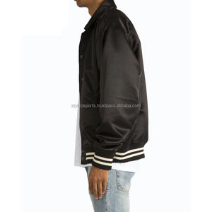 High Quality Wholesale Custom Satin Bomber Jacket Colored <b>Strips</b> Sports Varsity Jacket Men Satin <b>Fabric</b> Letterman Jacket - Product Image 4