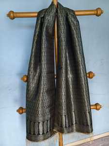 <b>Women</b> black and silver metallic Banarasi Silk <b>Shawl</b> With Silver Zari Paisley Weaving And Golden Fringes - Product Image 2