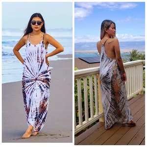 ชุดเดรสแม็กซี่ผ้าเรยอนสีขาวน้ำตาลแบบลำลองสำหรับผู้หญิง สายเดี่ยวแบบสปาเก็ตตี้ คอวี ทรงพลิ้วสไตล์โบโฮ ชุดเดรสยาวสำหรับฤดูร้อน - Product Image 2