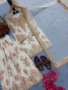 <b>White</b> Heavy Faux Georgette Floral 3mm Embroidery Patiyala <b>Suit</b> Set with Dupatta for <b>Women</b> Formal Style <b>Wedding</b> & Party Occasions - Product Image 6