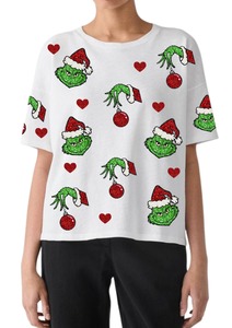 <b>Women's</b> Green <b>Christmas</b> Tree Embroidered <b>T</b>-<b>Shirt</b> Loose Fit Crew Neck Casual Short Sleeve Knitted Cotton Winter Style - Product Image 1