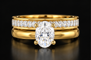 Anillo de Boda Ovalado Solitario con Diamante Cultivado en Laboratorio, Chapado en Rodio, Oro Amarillo de 14K, Banda Clásica Tipo Princesa - Product Image 1