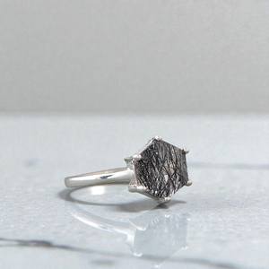 Black Rutilated <b>Quartz</b> Hexagon <b>Ring</b> 925 Sterling Silver IGI Certified Art Deco Engagement Promise Jewelry Gift for Women - Product Image 3