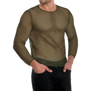 Custom Olive Green High Elasticity Fitted <b>Mesh</b> <b>Shirts</b> Long Sleeve Hollow Out Lightweight Moisture Wicking Fishnet <b>Shirts</b> - Product Image 4