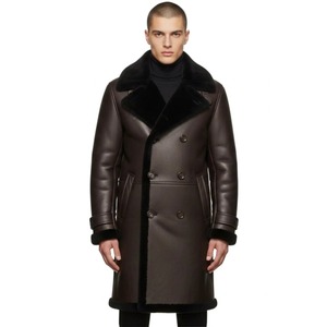 Men Brown Shearling <b>Leather</b> <b>Coat</b>, Double Breasted Winter <b>Leather</b> <b>Coat</b>, <b>Long</b> <b>Leather</b> <b>Trench</b> <b>Coat</b> for Men, Luxury Faux Fur Lined - Product Image 1