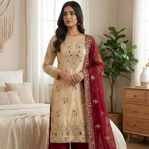 Salwar Kameez indien de créateur avec Sharara |   Ensemble Kurti et Dupatta à Broderies Lourdes pour Tenues de Fête et d'Occasion - Product Image 1