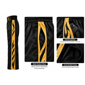 Shorts de Boxeo Unisex Negros y Dorados de Satén, Poliéster/Nailon, Ecológicos, de Secado Rápido, Holgados, para Muay Thai y Artes Marciales, con Cintura Elástica Lateral - Product Image 5