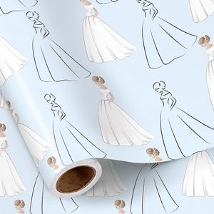 Elegante Carta da Regalo con Illustrazione di Sposa, Design Abiti da Sposa, Carta da Imballaggio Mini in Rotolo Azzurro per Confezioni Nuziali - Product Image 2