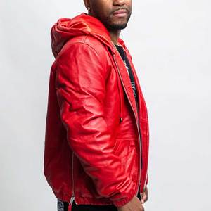 Chaqueta Bomber con Capucha de Cuero Sintético Rojo para Hombre, Cierre de Cremallera, Color Sólido Informal, Corte Regular, Ropa de Otoño - Product Image 6
